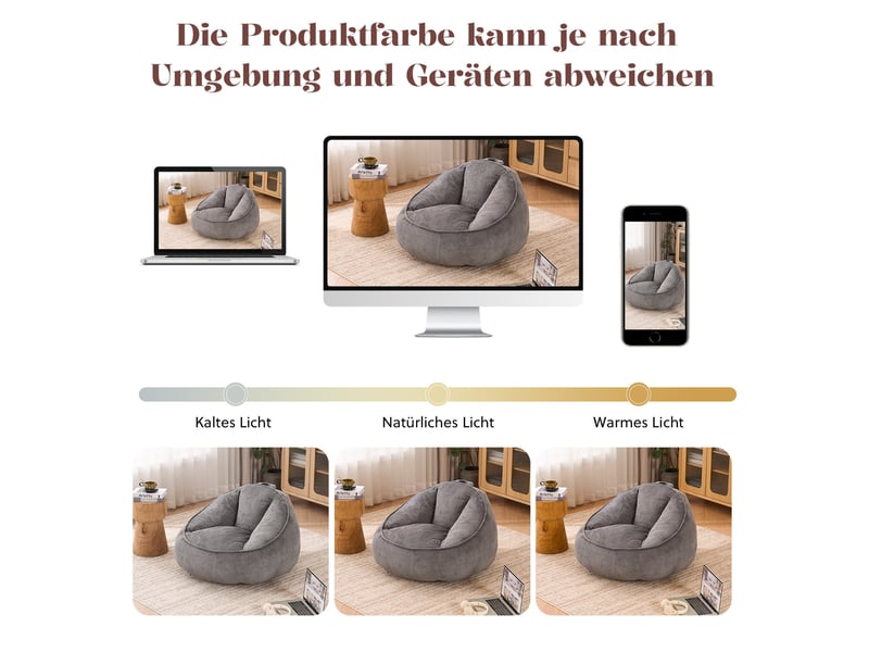 Fauteuil pouf ergonomique avec dossier enveloppant, garnissage en mousse à mémoire de forme en velours côtelé gris clair - Conforama D