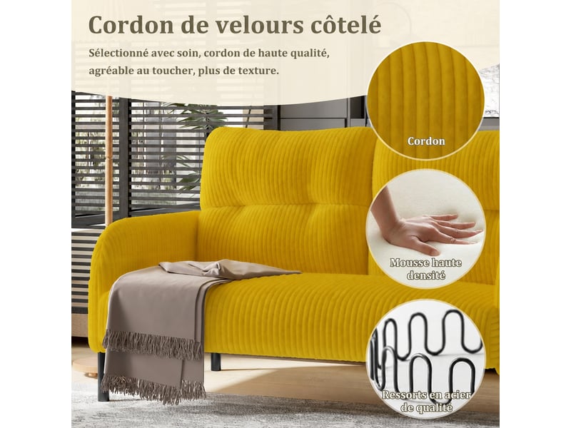  Canapé deux places en velours côtelé avec poches latérales et pieds en métal, jaune  - Conforama C