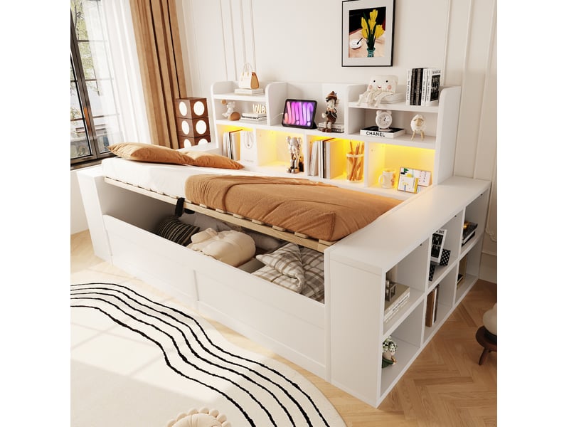  Canapé-lit multifonctionnel 90x200 cm avec rangement hydraulique, led et prises, mdf, coloris blanc vendu sans matelas  - Conforama E