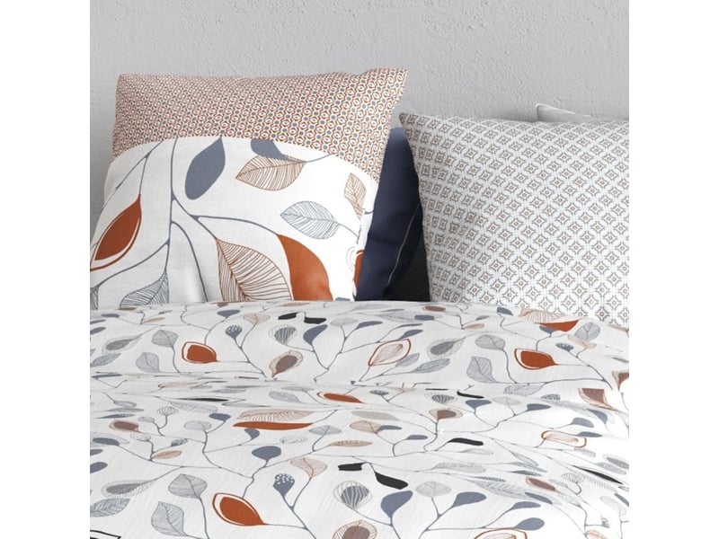  Parure housse de couette 260x240cm + 2 taies blanc motif feuillage bleu et rouille 100% coton - tilda TILDA - Conforama D