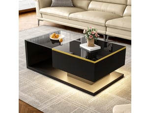 Table basse 90x50x32,5 cm avec led et plateau en verre trempé, rangement fermé et niche, panneaux de particules, noir