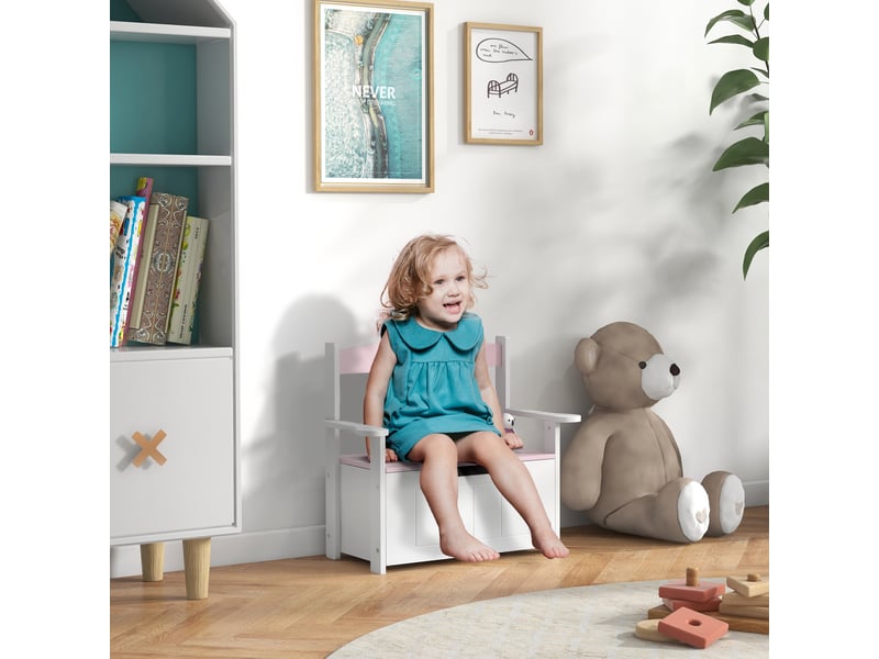 Banc rangement enfant, dossier, couvercle fermeture douce, charge 30kg. Salle de jeux, 68,5 x 34 x 58 cm, roseblanc. - Conforama B