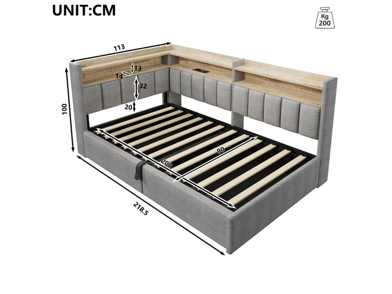 Lit coffre hydraulique 90x200 cm avec led, usb-a et usb-c et tête réversible, velours gris, sans matelas - Conforama C