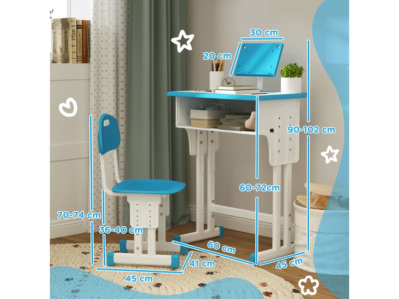  Bureau et chaise pour enfant avec support de lecture casier crochet et porte stylo 60 x 45x 90-102 cm bleu  - Conforama D