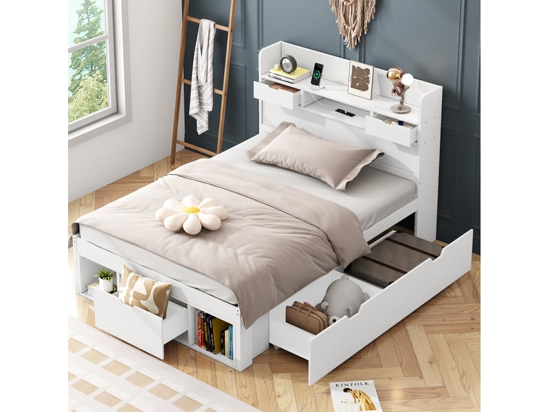  Lit enfant et adolescent 90x190 cm avec tiroirs et port usb, blanc  - Conforama D