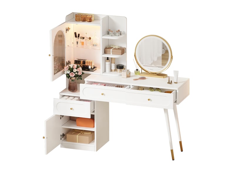  Coiffeuse blanche avec miroir lumineux led, plateau extensible, 3 tiroirs et rangements vitrés, 121,5 x 40 x 135,2 cm  - Conforama A