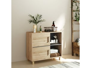 Meuble de salle de bain, meuble de rangement avec compartiments ouverts et placard, dim. 80 x 35 x 70 cm, bois naturel