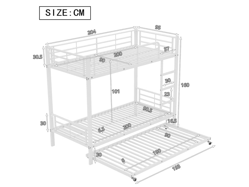  Lit superposé 3 places 90 × 200 cm et 90 × 190 cm avec lit gigogne, barrières et échelle, sans matelas, métal blanc  - Conforama D
