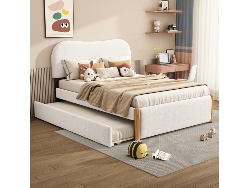 Lit gigogne enfant rembourré 140x200 cm blanc avec lit roulant coulissant - Conforama E