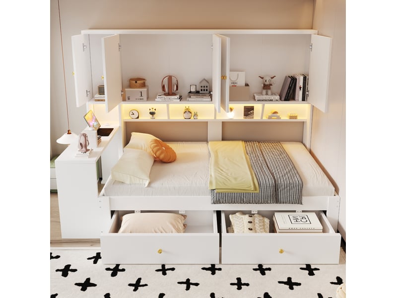  Lit simple 90 × 200 cm avec bureau, rangements, 2 tiroirs, led et prises électriques en mdf pour chambre, blanc  - Conforama E