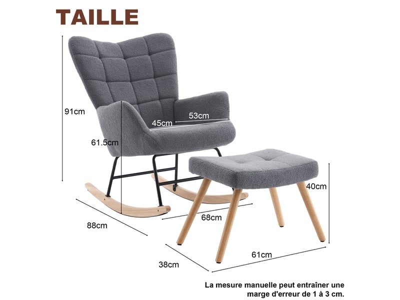  Fauteuil à bascule ulevr avec repose-pieds, dossier haut et assise épaisse, laine d’agneau grise, 91 × 61 × 88 cm  - Conforama C