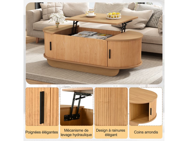  Table basse à bords arrondis 100 x 50 x 42 cm avec rangements, plateau central relevable, coffre intégré, 2 portes à rideau, mdf, décor bois clair Luxe haut de gamme - Conforama R