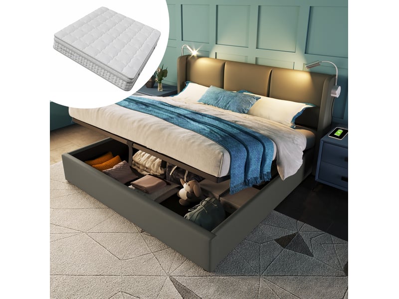 Lit double rembourré avec coffre de rangement, lampe de lecture et charge usb, en pu gris 160×200 avec matelas  - Conforama B