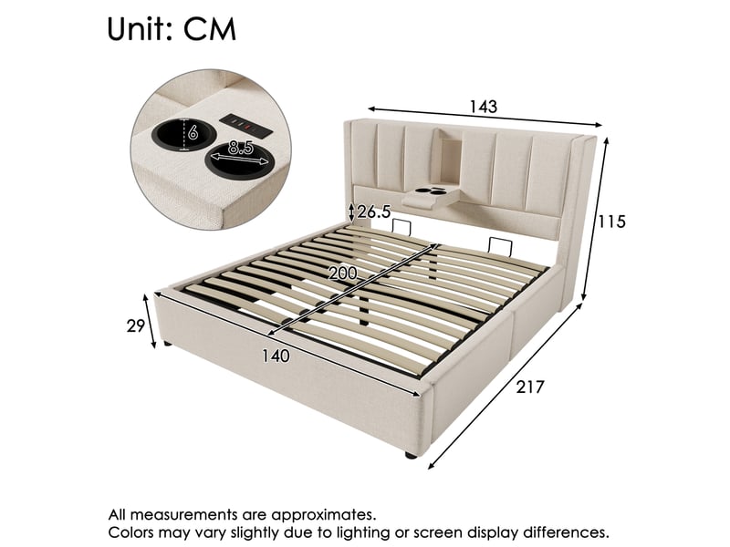 Lit double hydraulique 140 x 200 cm beige avec rangement, station de charge et porte-gobelets - Conforama E