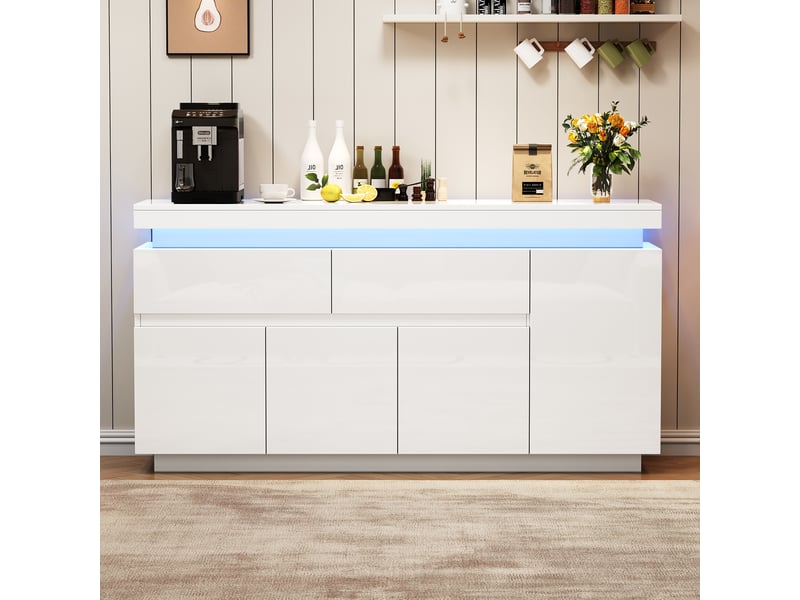  Buffet blanc haut gloss 140x35x72,5 cm avec 2 tiroirs et 4 portes, meuble rangement salon led  - Conforama B