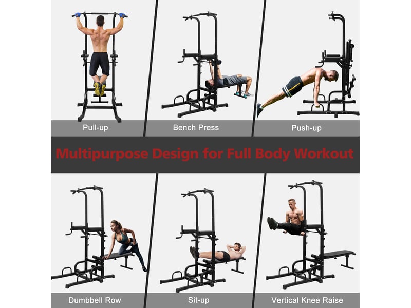Tour de musculation multifonction avec barre de traction et banc, hauteur réglable 154 à 207 cm, noire - Conforama E
