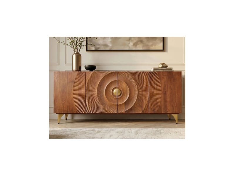 Buffet solaris 177 cm en bois massif de manguier – 4 portes sculptées motif solaire et pieds dorés - Conforama D