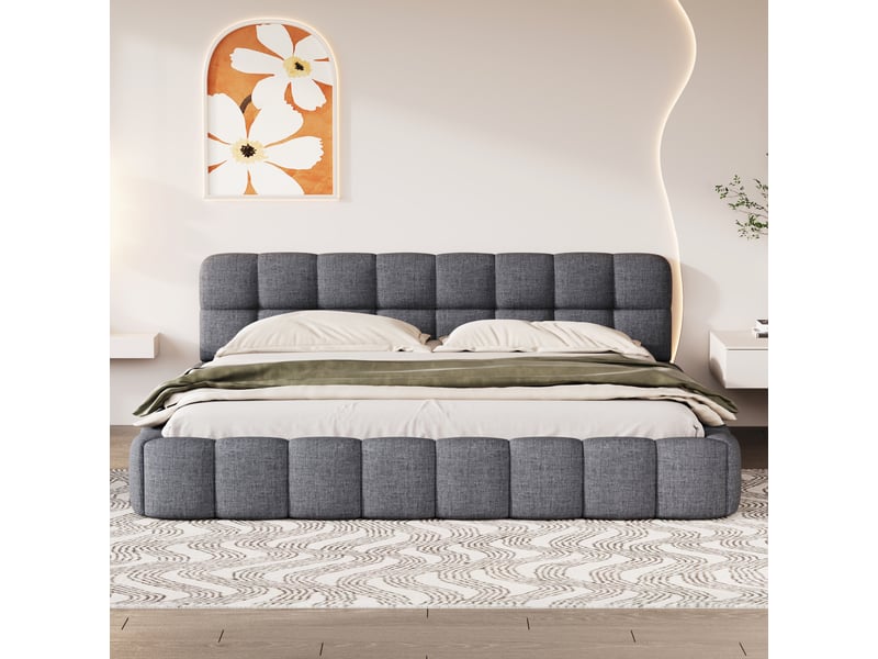 Lit 2 place 140x190 cm avec sommier à lattes et tête de lit à volants, lit enfant moderne, tissu lin gris, sans matelas - Conforama W