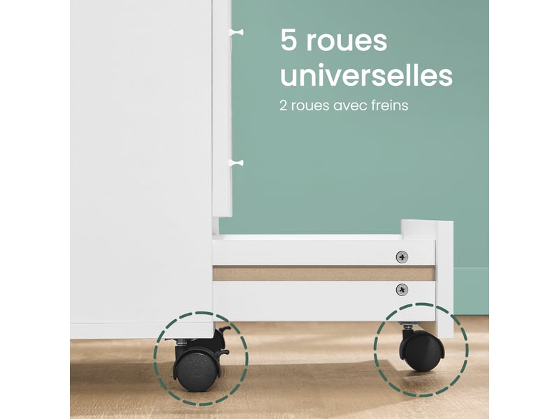  Caisson de bureau à roulettes, support pour imprimante, avec 5 tiroirs, rails coulissants, blanc  - Conforama E
