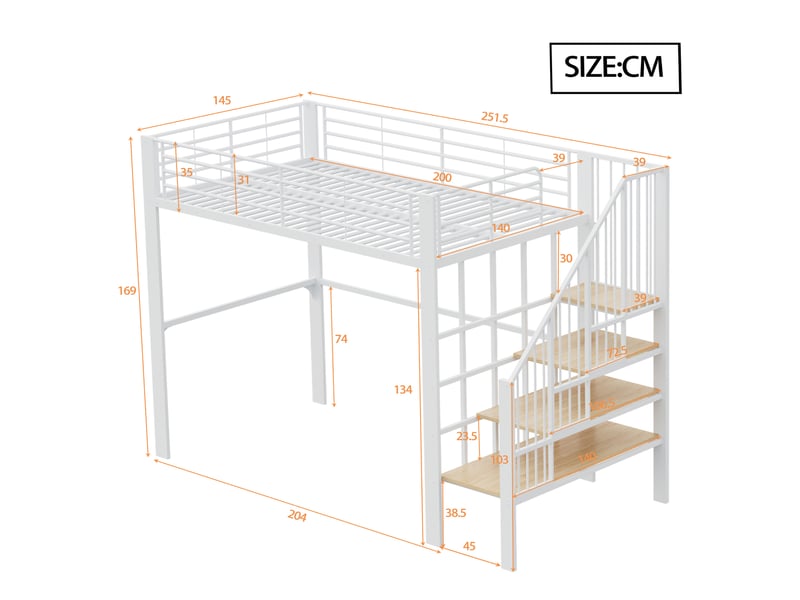 Lit mezzanine 140x200 avec espace de rangement sous le lit et escalier sécurisé, structure en métal pour enfants et adultes, blanc. - Conforama R