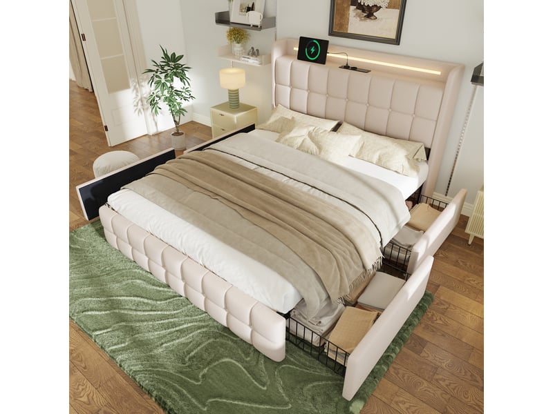  Lit rembourré 160x200 cm avec 4 tiroirs, lit adulte avec tête de lit led et prise intégrée, bois lin beige  - Conforama C
