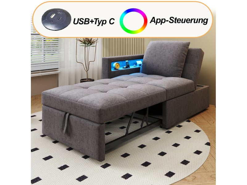 Fauteuil gigogne 177x68x65 cm, design 3-en-1 transformable, led, charge, dossier ajustable, accoudoirs, lin, gris foncé - Conforama E