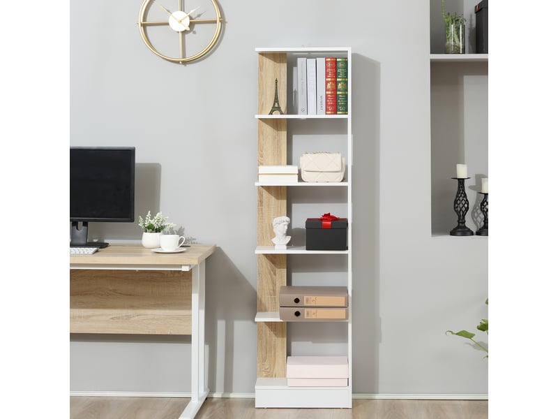 Étagère 5 niveaux 45 x 21 x 170 cm, bibliothèque multifonction avec socle surélevé, meuble de rangement pour bureau, blanc et chêne  - Conforama D