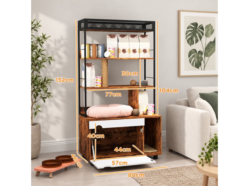 Meuble cache-litière 2-en-1 80x48x152 cm,avec étagère 3 niveaux, poteau à griffer et porte rabattable, brun rustique - Conforama C