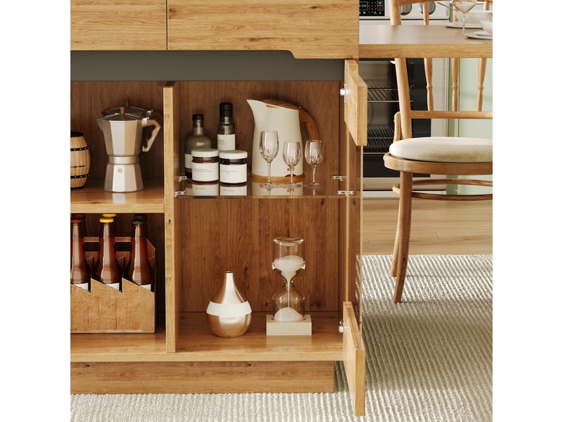 Îlot de cuisine extensible avec rangements, porte vitrée et led – effet chêne, design moderne - Conforama E