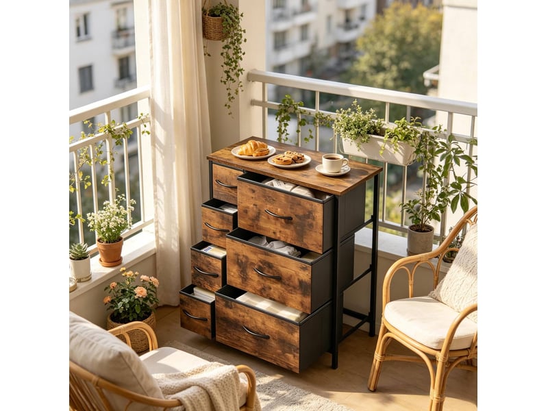  Meuble de rangement à 7 tiroirs l63.5xb30xh73 cm en bois d’ingénierie, métal et tissu brun rustique et noir chicfurn  - Conforama C
