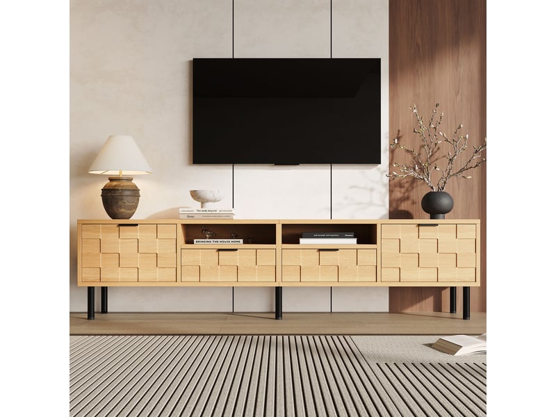 Meuble tv 200 cm avec rangement, 2 portes et 2 tiroirs, design bois naturel 3d pour salon moderne - Conforama B