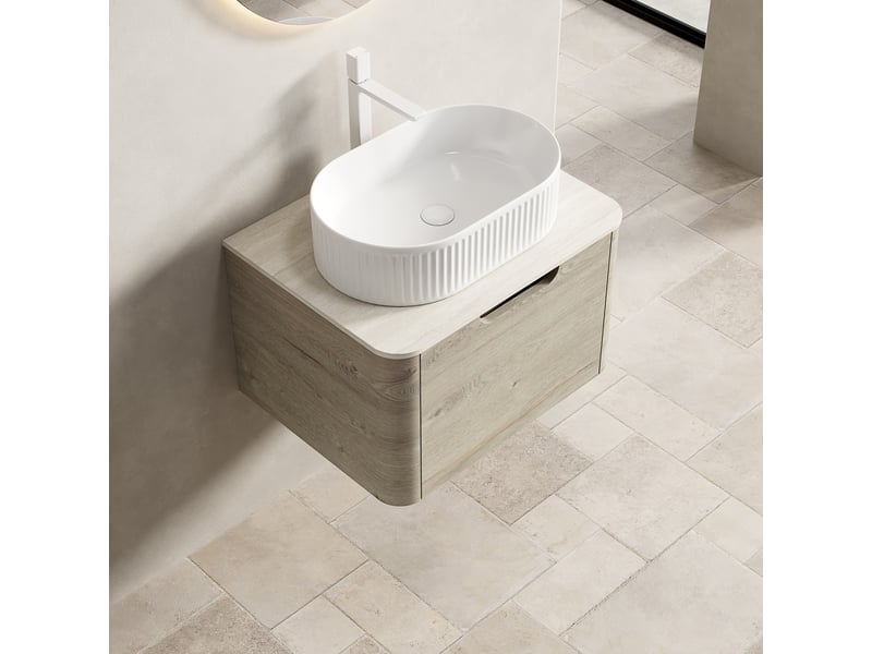 Meuble vasque suspendu 60 cm avec tiroir à fermeture douce - lpospi - vasque ovale céramique, pierre frittée beige et blanc 60 × 46 × 50,2 cm - Conforama B