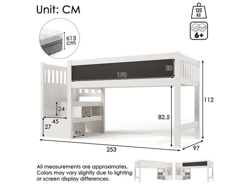 Lit mezzanine enfant 90x200 cm avec rangements et tableau, blanc - Conforama E