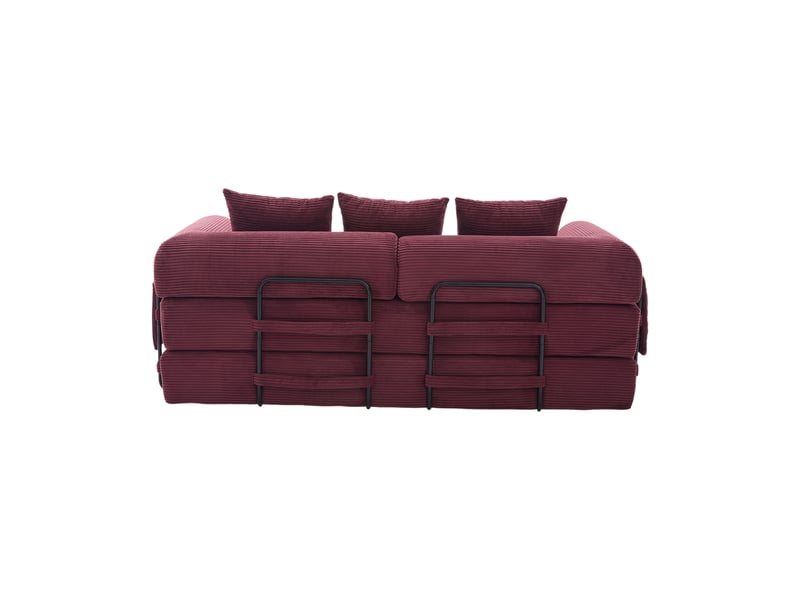  Canapé compression lounger bordeaux set 3 coussins cadre métal poches latérales  - Conforama D