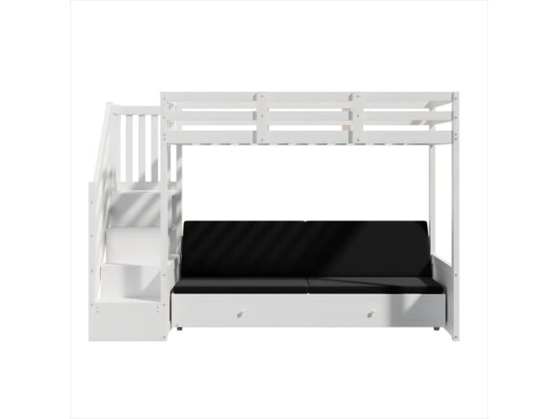  Lit superposé enfant, 90×200 cm, multifonction, escalier avec rangement + 2 tiroirs, niveau inférieur convertible en lit ou canapé avec coussins, blanc, sans matelas  - Conforama A