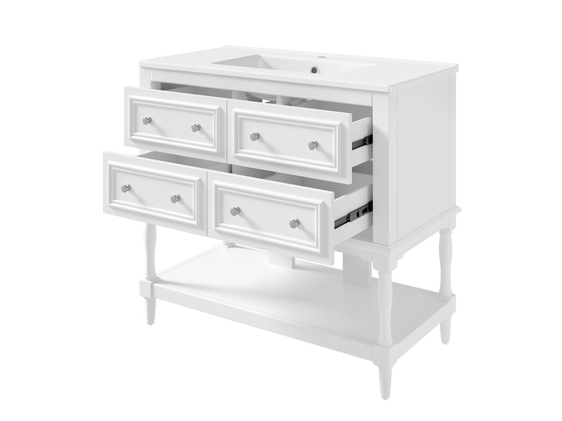  Meuble vasque sur pied 92×47×88 cm blanc, lavabo céramique, 4 tiroirs, niche ouverte  - Conforama E