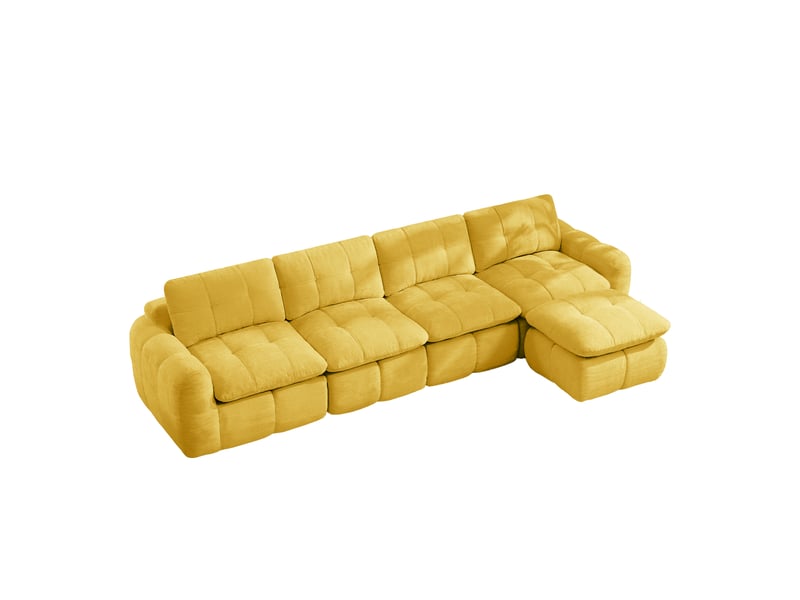  Canapé modulable 4 places en l, chenille jaune au motif matelassé, assise large et profonde, avec pouf assorti pour salon  - Conforama A