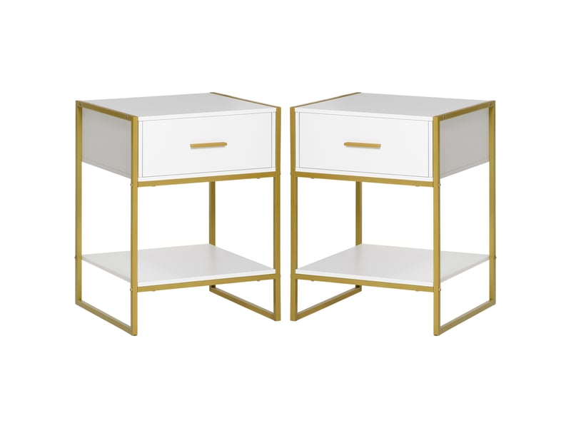  Ensemble de 2 tables de chevet modernes avec tiroir et étagère ouverte, en mdf et acier, 45 x 40 x 60 cm, blanc et or  - Conforama B