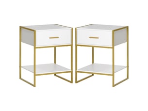 Ensemble de 2 tables de chevet modernes avec tiroir et étagère ouverte, en mdf et acier, 45 x 40 x 60 cm, blanc et or