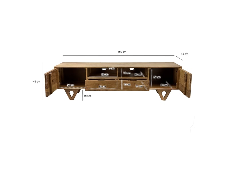 Finebuy meuble tv bas en bois massif d'acacia 160cm - meuble tv avec portes, tiroirs et compartiments ouverts - meuble tv avec passe-câbles - commode tv moderne  - Conforama D