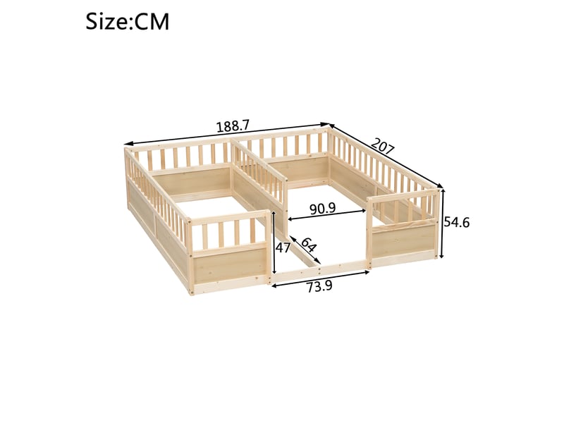 Lit au sol enfant double 90 × 200 cm en bois de pin avec barrières de sécurité semi-fermées - naturel - Conforama C