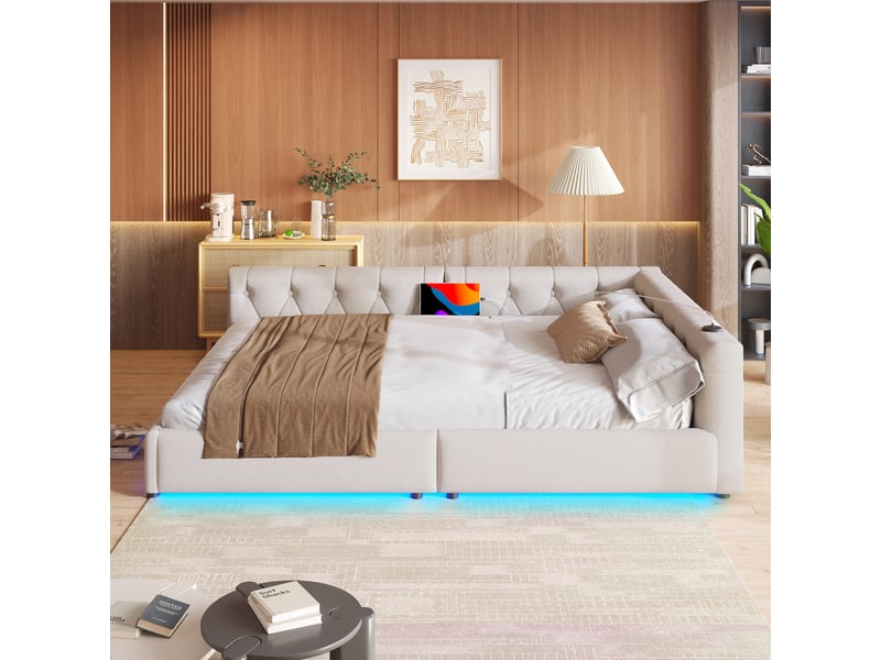  Canapé lit 140x200, lit de jour en lin, lit banquette beige avec ports usb  - Conforama B