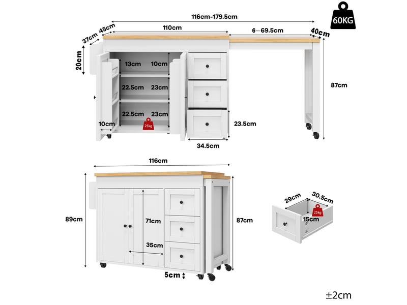 Îlot de cuisine extensible 116 à 179,5 x 45 x 89 cm avec plateau coulissant, 3 tiroirs, rangements latéraux et roulettes, blanc - Conforama C