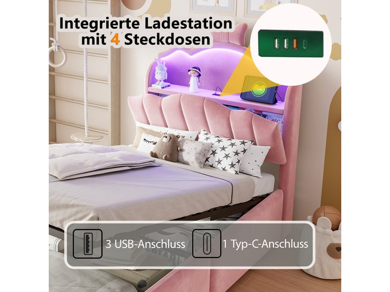  Lit coffre 90x200 cm - lit avec rangement hydraulique, tête de lit avec led, usb et usb-c - velours - rose  - Conforama R