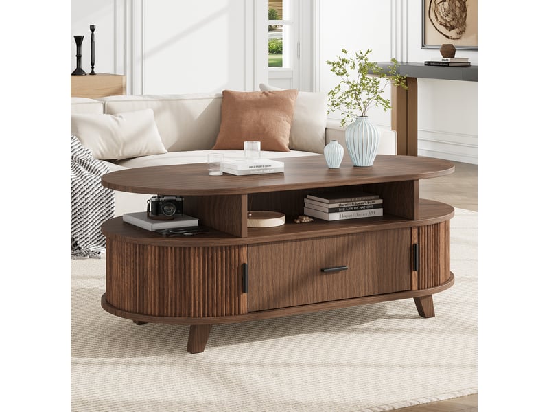  Table basse ovale 100.00x50.00x40.00 cm avec tiroir et portes à rideau, finition noyer  - Conforama B