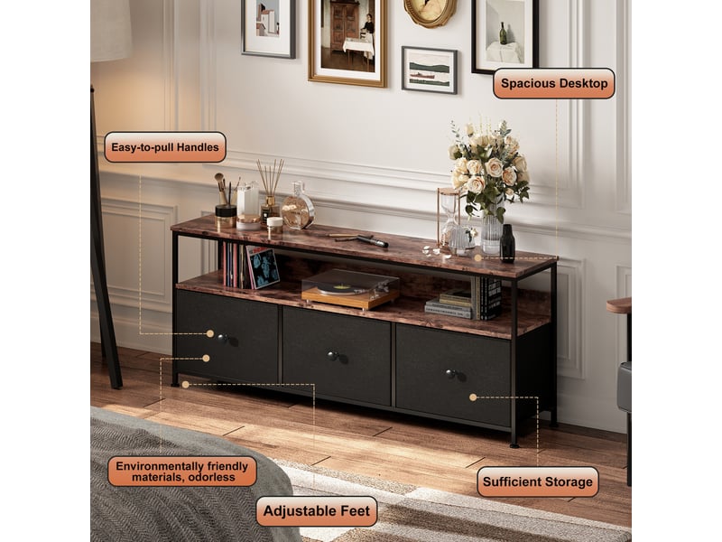  Meuble tv led 137cm meuble télé avec 3 tiroir en tissu et étagères ouvertes, cadre en acier, banc tv salon, chambre, noir  - Conforama E