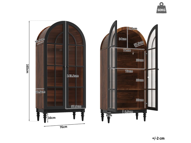  Vitrine haute avec portes vitrées et compartiments, effet bois noir, pour salon, en mdf, 76 × 35,5 × 165 cm  - Conforama E