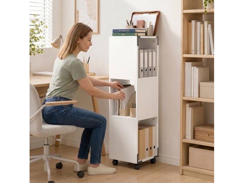  Caisson de bureau mobile à roulettes 33,5 x 33,5 x 111 cm blanc, 3 niches et tablette imprimante  - Conforama E