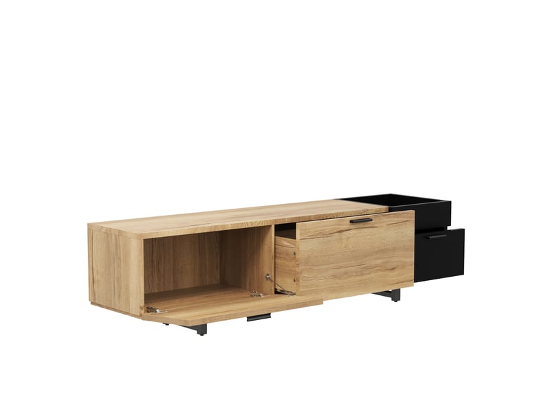 Meuble tv bois et noir 180 cm avec éclairage led, banc de télévision moderne à tiroirs et niches, bois d'ingénierie et métal, 180x38x49 cm - Conforama R