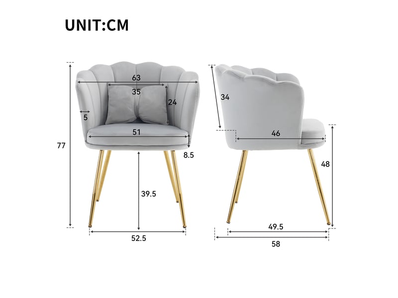 Lot de 2 fauteuils rembourrés en velours à dossier pétale avec coussins et pieds métalliques dorés, gris - Conforama D